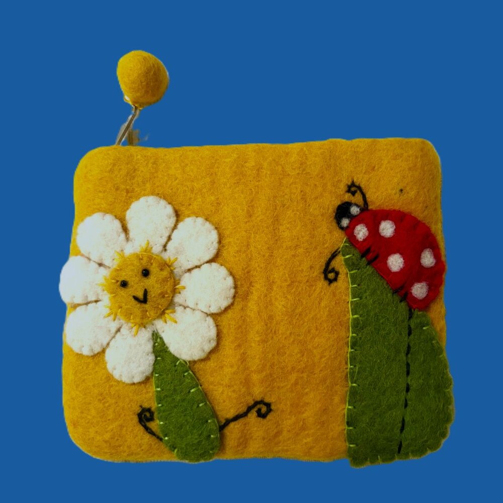 BNB Nepal India 100% Felted Wool and Handmade Ladybug & Flower Yellow Coin Purse